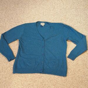 LL Bean Wool Cardigan Sweater Womens Large Blue Green Pockets Buttons